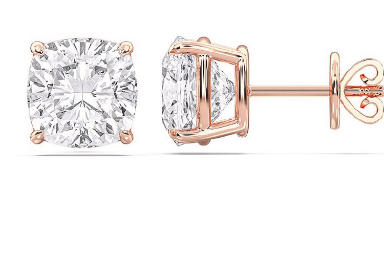 Cushion lab-grown diamond stud earrings in a four-prong setting