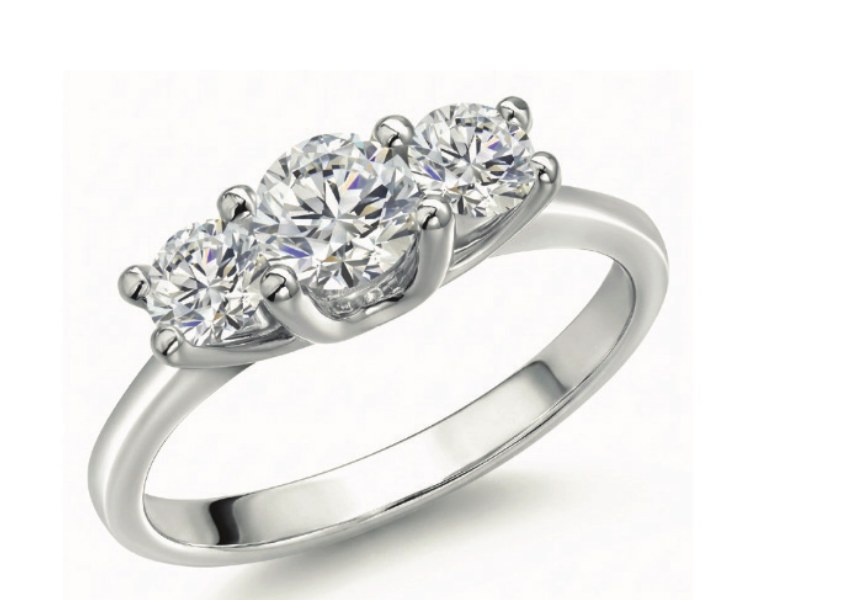 Round three-stone lab-grown diamond ring in polished white gold