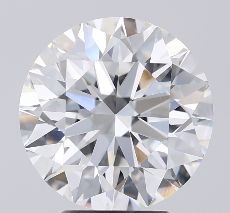 3.69ct round F/VVS2 lab-grown diamond, 9.86mm, IGI certified.