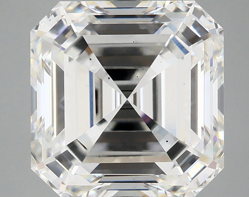 5.1ct lab-grown Asscher diamond with F color and VS2 clarity, measuring 9.69mm ID.