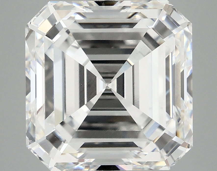 6.16ct lab-grown Asscher diamond with E color and VS1 clarity, measurements 10.35 x 10.11 x 6.51 mm