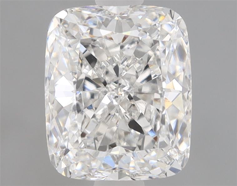 1.54ct cushion cut lab diamond, E color, VVS2 clarity, 7.30x6.09x4.04mm measurements.