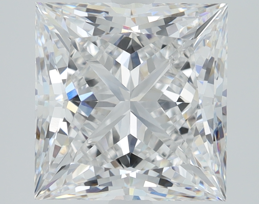 3.62ct Princess cut lab-grown diamond with D color and VVS2 clarity, measuring 8.46mm in diameter.