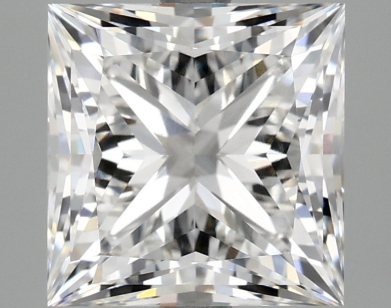 4.15ct Princess cut lab-grown diamond, F color, VVS2 clarity, measurements 8.66 X 8.58 X 6.28 mm.