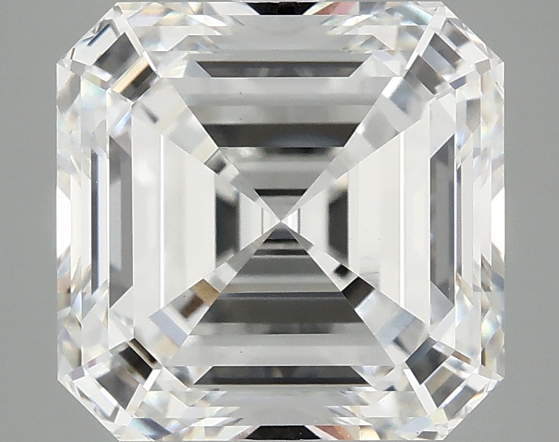 5.04ct lab-grown Asscher diamond, E color, VVS2 clarity, measurements 9.66 X 9.47 X 6.02 mm