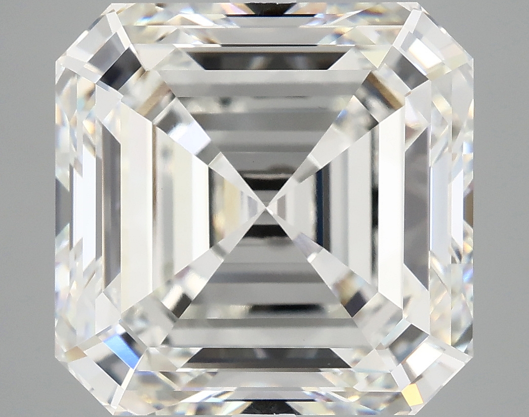 10.25ct Asscher cut lab-grown diamond, F color, VVS2 clarity, measurements 12.27 X 12.08 X 7.62 mm