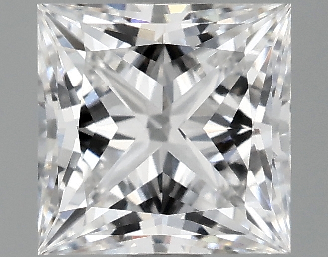 1.4 carat Princess cut lab-grown diamond, D color, VVS2 clarity, measurements 6.24 X 6.17 X 4.24 mm.