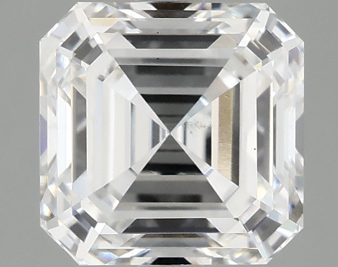 2.55ct Asscher cut lab-grown diamond, E color, VS2 clarity, measurements 7.55mm x 7.52mm x 4.88mm