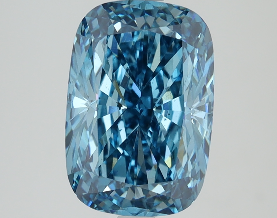 3.07ct cushion cut lab-grown blue diamond with VS2 clarity, measurements 10.39mm x 7.05mm x 4.84mm.