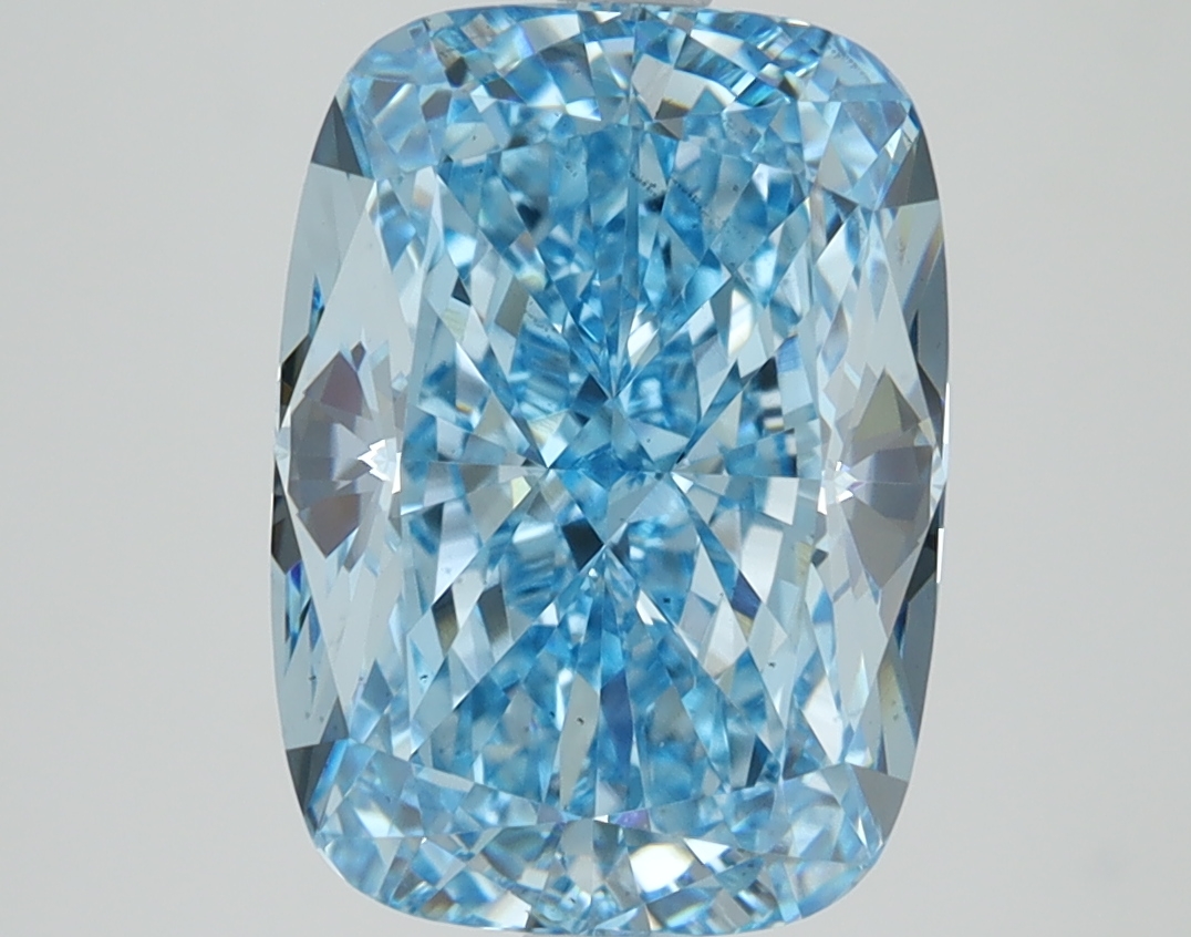 5.03ct cushion cut lab-grown diamond, blue color, VS2 clarity, measurements: 11.58mm x 8.39mm x 5.75mm